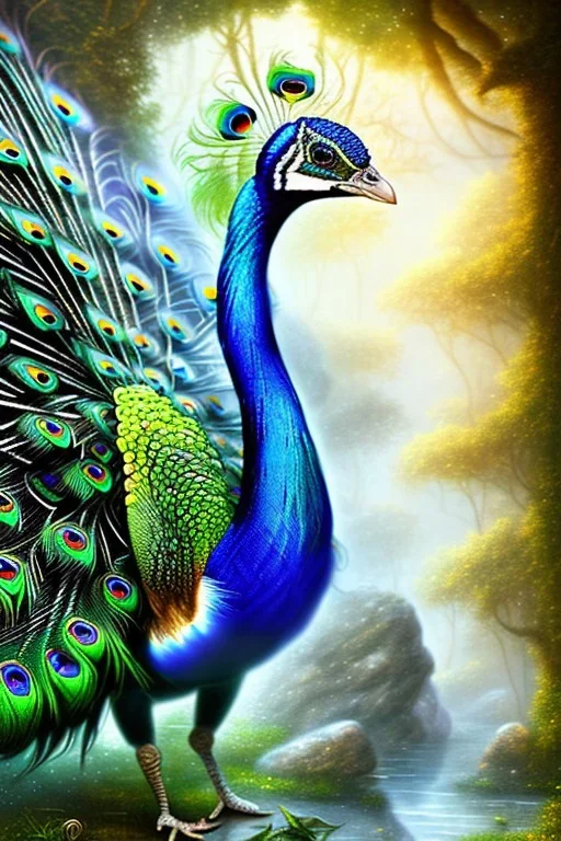 beautiful peacock, jungle, mystical, dreamlike, Neo-Impressionism, fine detail, high quality, raining,