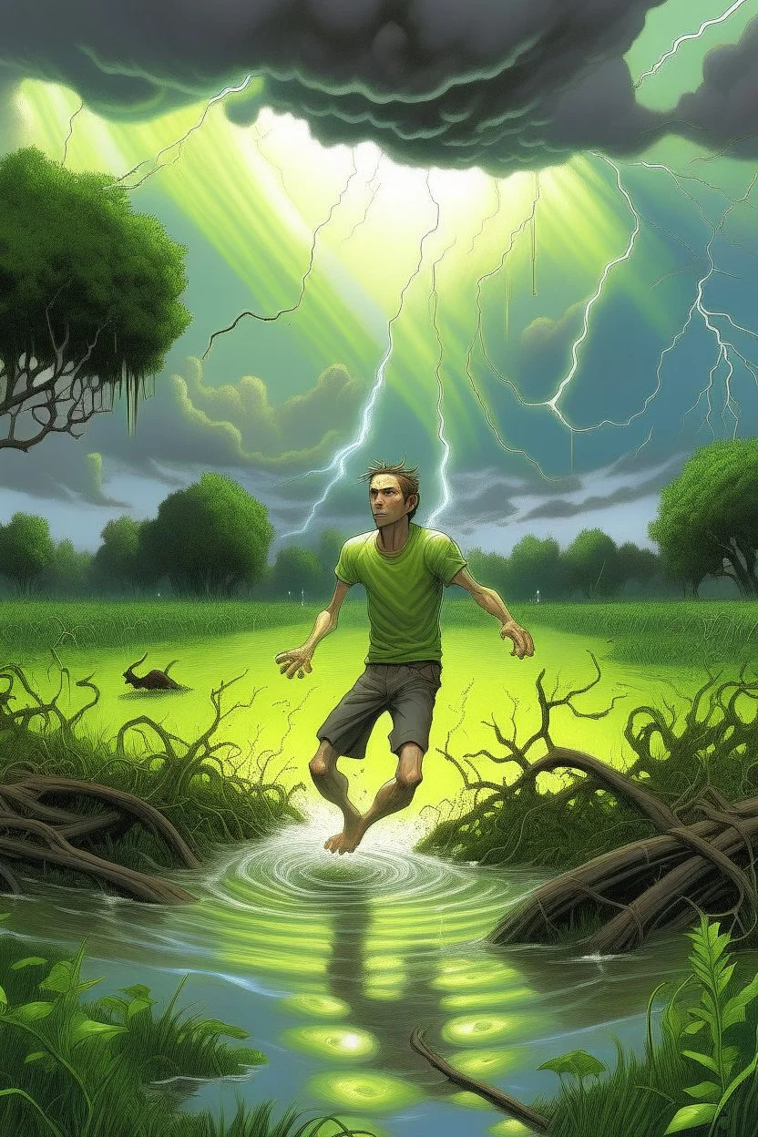 A young man with fruit trees for arms and legs floats above a swamp casting lightning bolts