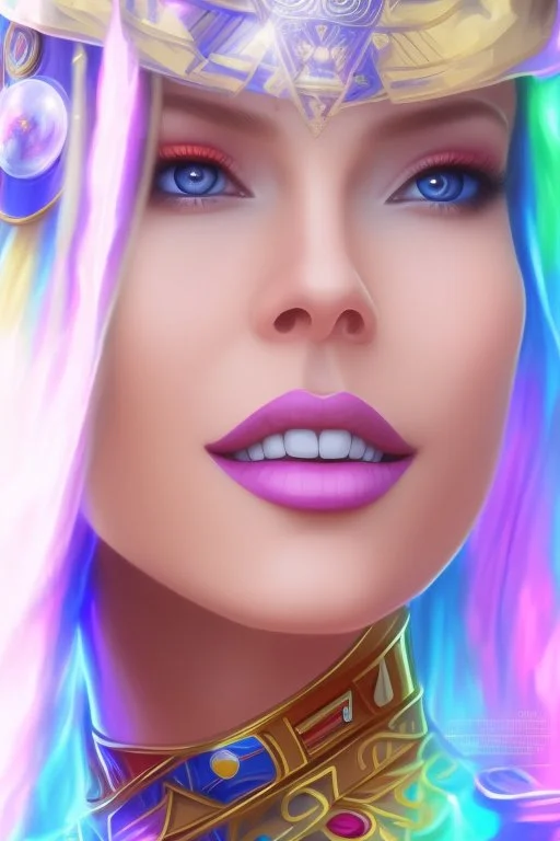 cosmic woman smile, admiral from the future, one fine whole face, crystalline skin, expressive blue eyes,rainbow, smiling lips, very nice smile, costume pleiadian, Beautiful tall woman pleiadian Galactic commander, ship, perfect datailed golden galactic suit, high rank, long hair, hand whit five perfect detailed finger, amazing big blue eyes, smilling mouth, high drfinition lips, cosmic happiness, bright colors, blue, pink, gold, jewels, realist, high commander