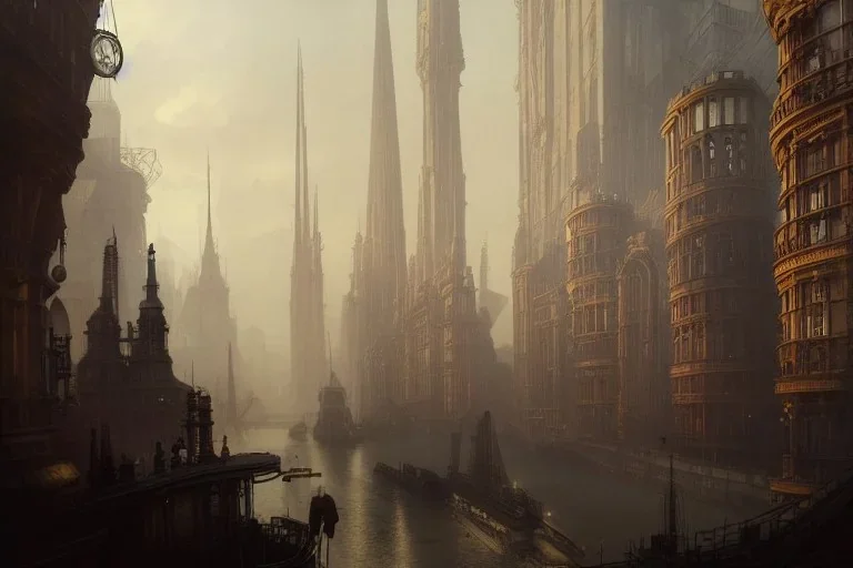 Steampunk Harbour Chicago Parisien building London+Edimburgh+Gothic town+Art deco Metropolis +alphonse mucha, greg rutkowski,matte painting, cryengine, hyper detailed, felix kelly, fantasy art, seb mckinnon