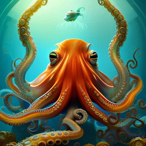 portrait of an octopus with fish in background in the style of Chris Ryniak