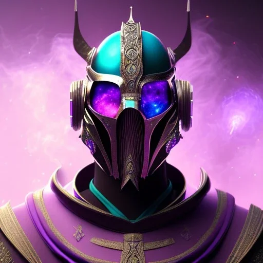 full body medieval purple masked villain in galaxy, teal and purple smoke, detailed, realistic, 4k