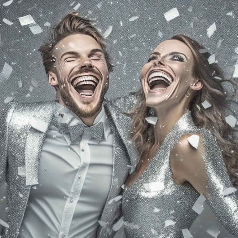 photograph of A happy man and woman with silver confetti and silver outfit