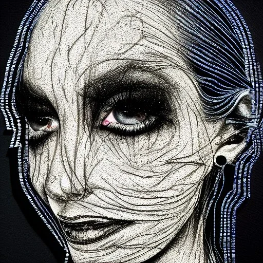 Silver on black paper portrait of female smiling face of migraine, face distorted with pain, reverse colors, screaming, tears streaming from eyes, colorless, glitchcore, dystopian, horror, ultra realist texture, intricate line drawing,