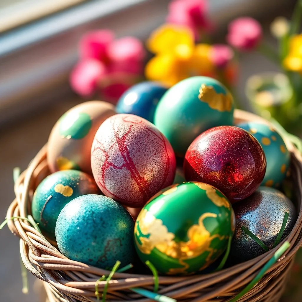 digital photograph of off-center modern basket colorful Easter eggs. eggs display intricate textures in azure, emerald, blush, crimson, sapphire, and gilded metallic hues. cinematic HDR backlighting highlights subtle dimples and glossy reflections, with shallow depth of field softening the sunlit background. hyperrealistic 8k resolution,