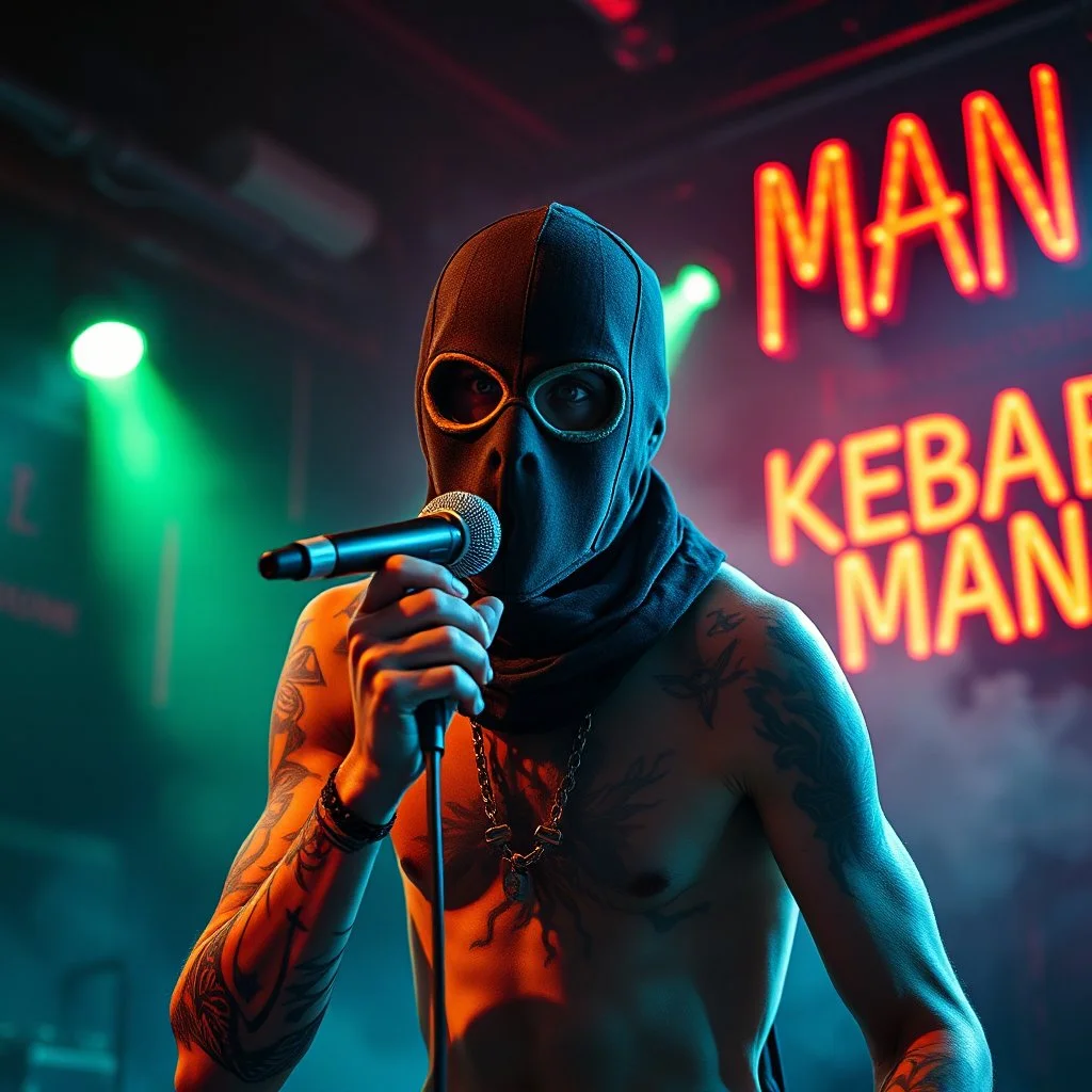 a very thin swedish man, with a skimask with only a hole for the mouth (no eyes), he is called "KEBAB MAN" performing at death metal club, his name is "KEBAB MAN" kebab rolls On stage, kebab Neon lights and smog, and "KEBAB MAN" big sign on the wall, kebab tribal tattooes, spinning kebab machines, flames and smoke, chaos, he singing with mic,