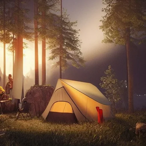 highly detailed campsite on lakeside, illustration, cinematic lighting, 4k, 8k, octane render, digital concept art, trending on artstation, pinterest, extremely detailed, ambient lighting.