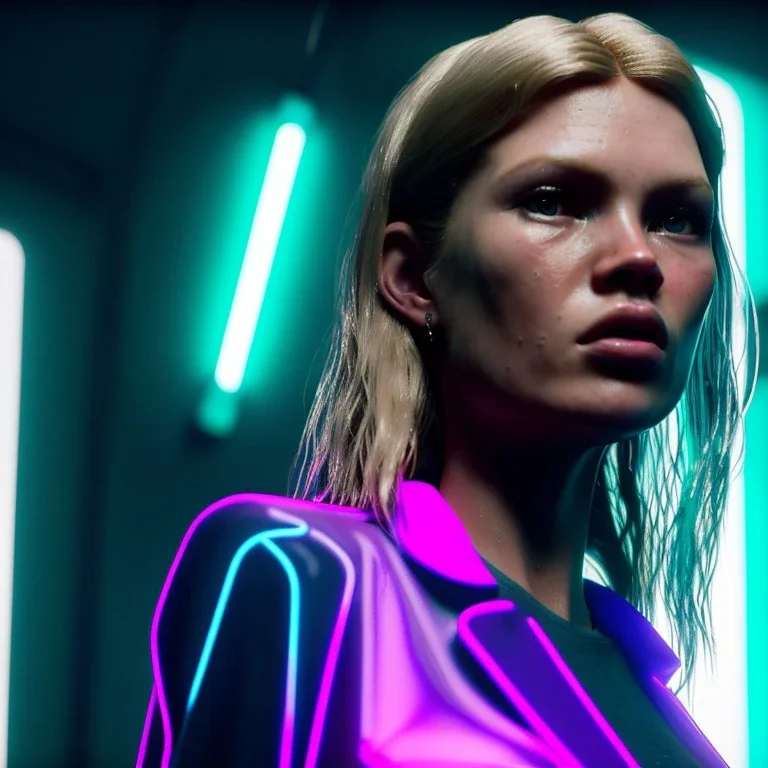 young kate moss, sweet blonde replicant woman, blade runner style, rain, fog, neon ambient, gradient color, clean skin, circuits, latex coat, cyber punk, neon, tubes, portrait, studio photo, unreal engine 5, smooth color, 16 bit, god lights, ray tracing, RTX, lumen lighting, ultra deatail, volumetric lighting, 3d, finely drawn, hd.