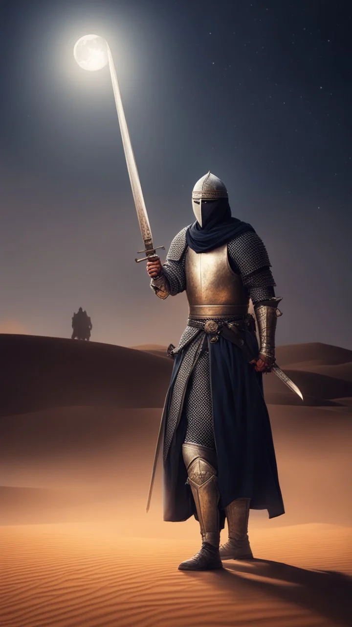 Make me a picture of a Muslim knight, holding a sword in his hand, standing in a desert, at night, with his back to the screen.