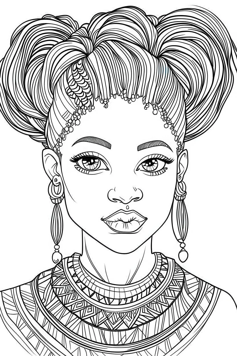 african girl face coloring page with beautiful hairstyle