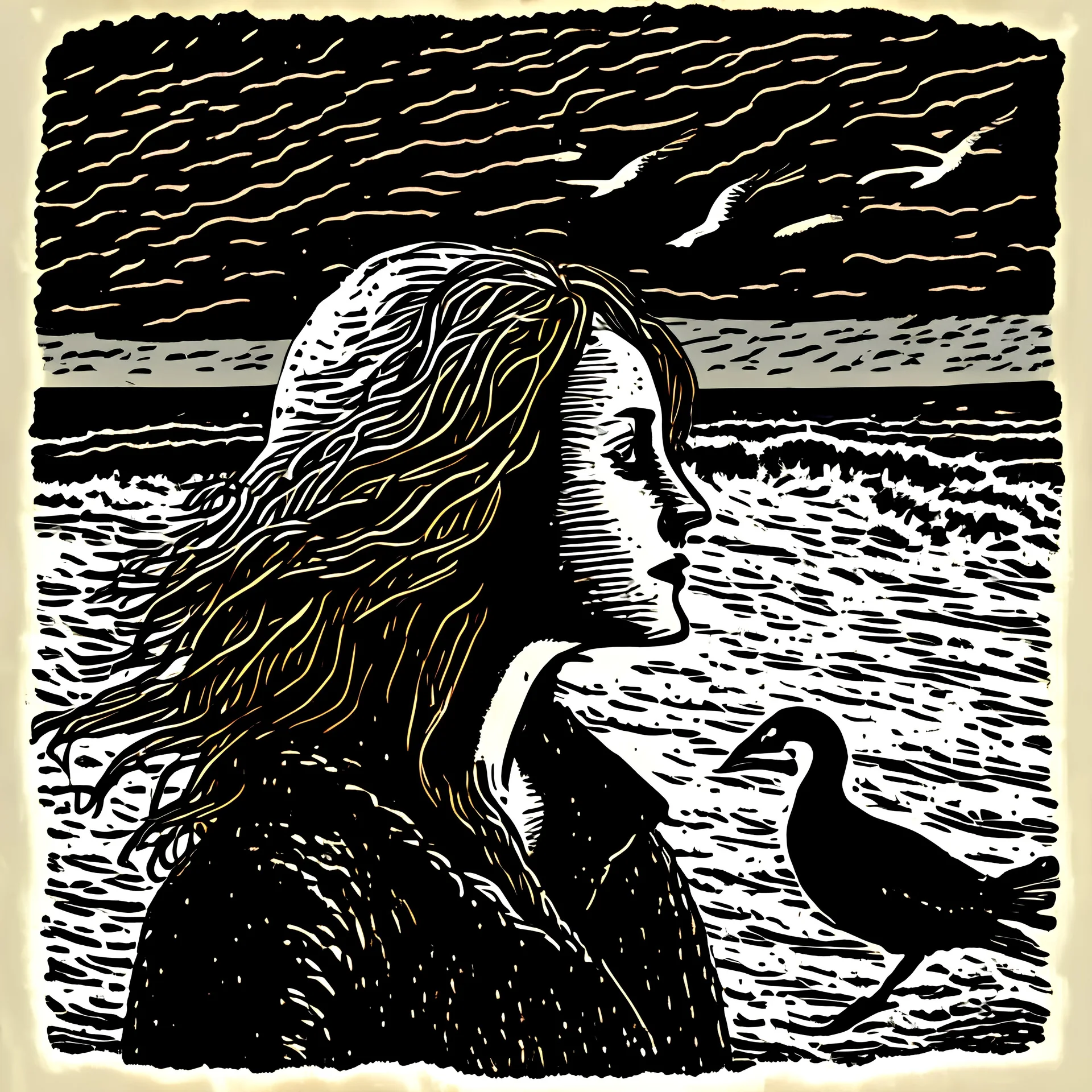 Linocut of a young woman on the beach in dark sea weather and a seagull over it