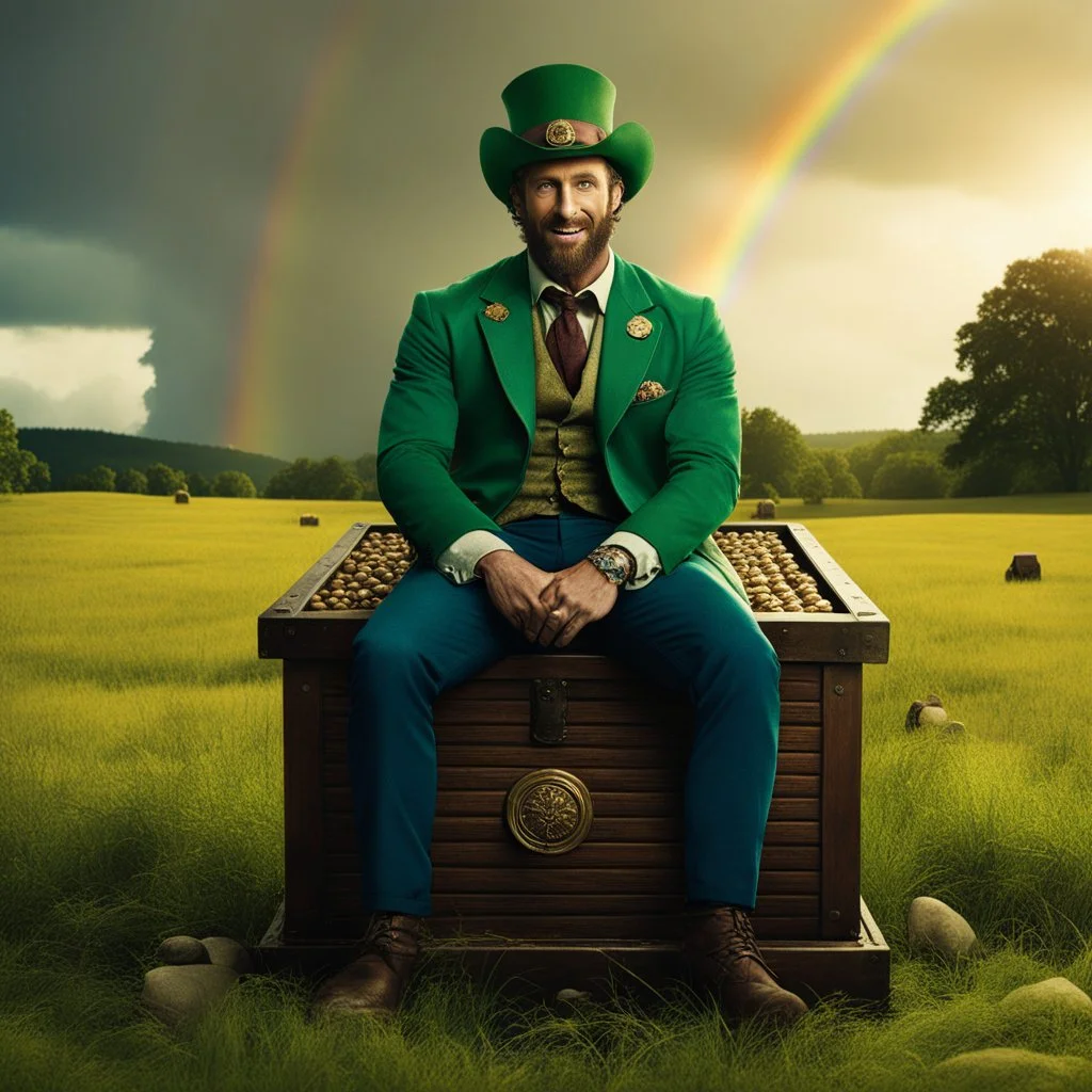 [high res photo of American Gods (2017)] Pablo Schreiber as the Leprechaun sits on an open treasure chest in a field, a rainbow reach the chest, he is happy