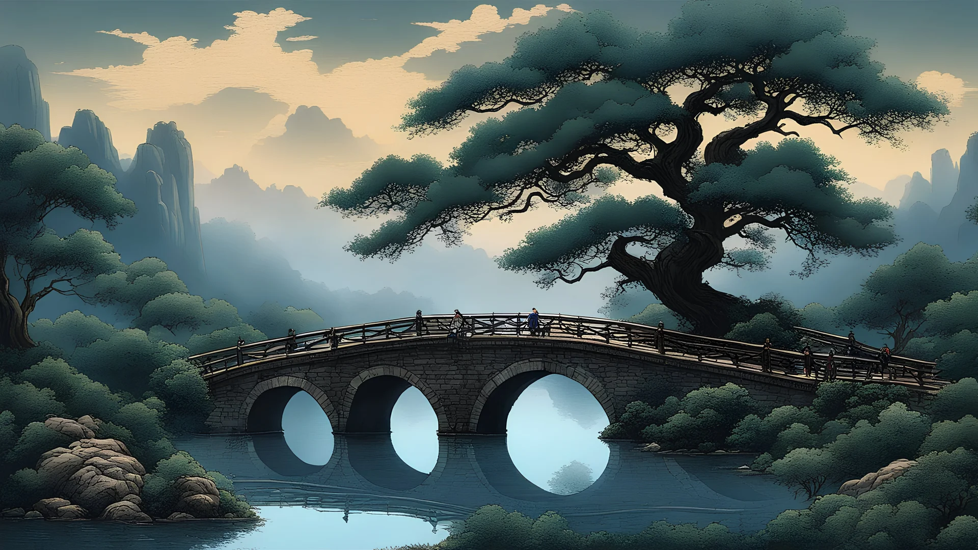 Joe Fenton style extremely detailed soft ink blue dark green hand painting, breathtaking landscapes with stone bridges and extraordinary old oak trees, dramatic clouds, striking paintings, art stations, fantastic views, meticulously crafted, 8k 高清晰度 超现实主义 美丽的 高细节 幻想 电影灯光 美妙的景色 清脆的品质 美丽 优雅 锐利的焦点 复杂 获奖 高清 高密度影像学评论 空间感 高质量 高分辨率 高立体观感 品质清脆