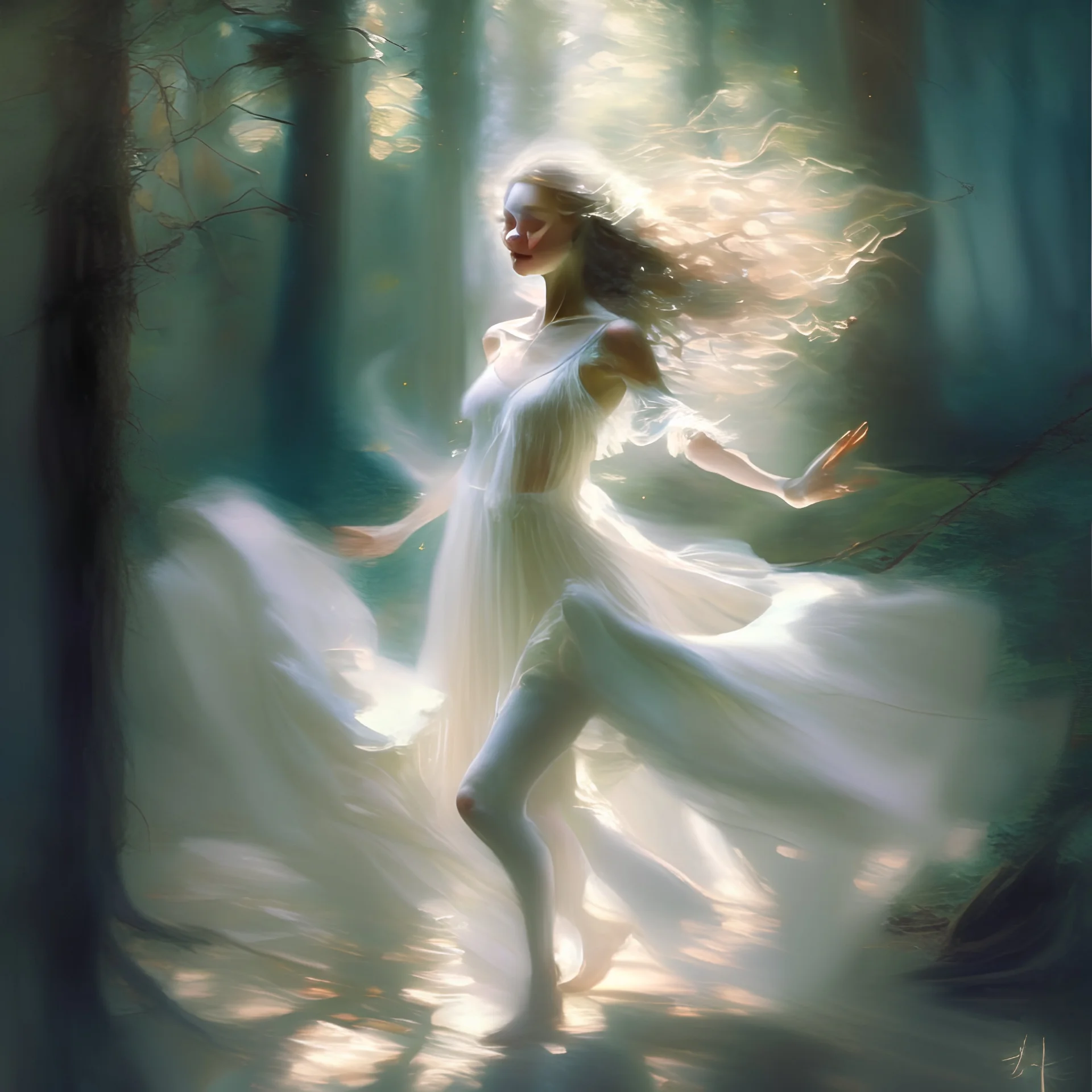 A sweet delicate music surrounding a gracious girl dancing barefoot in a forest, detailed beautiful face, she's wearing a white transparent dress, looks like a painting, volumetric lighting, depth of field