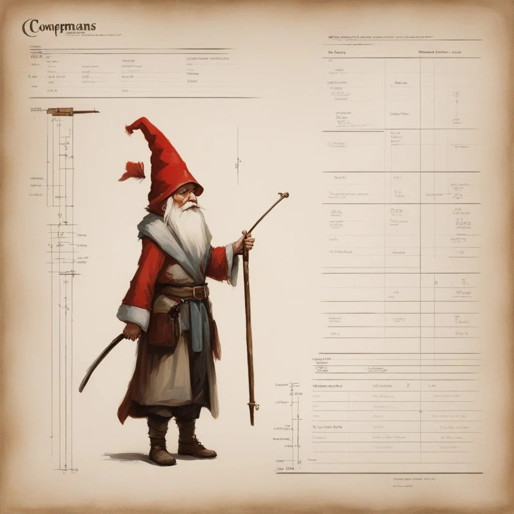 ConceptSheet [by Guy Borremans]: woman gnome wizard and her long rod with AD&D statistics