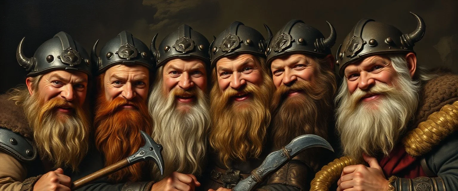 master oil painting by Rembrandt, family portrait of lotsa smiling bad ass warrior clad muscle sturdy buildt deep rock metal towering dwarves in gritty metal helmets and in fine clothes and with ice picks laughing, seem from above