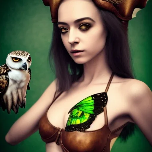 hyper realistic, young cute girl, short black air, green eyes, holding a owl, batterfly tatoo, dressed a steampunk pirate, bra with carved leather, Caravelle ships in background. salvador dalì style. high details, thunderstorm. 4k, unreal engine Upscale PRO hyper realistic, young small cute girl, short black air, green eyes, with owl tatoo, dressed a steampunk pirate, bra with carved leather, Tintoretto ships in background. salvador dalì style. high details, 4k, unreal engine