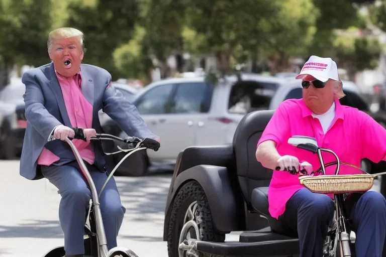 Photo of a single donald trump riding a tricycle while wearing a pink polo shirt with the collar up