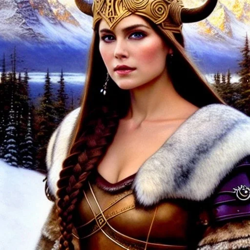 portrait beautiful face viking queen,braids,busty,horned helmet,snow,castle,mountains,ancient leather armor, balanciaga fashion clothe painting by gaston bussiere, greg rutkowski, yoji shinkawa, yoshitaka amano, tsutomu nihei, donato giancola, tim hildebrandt, oil on canvas, cinematic composition, extreme detail,fit full head inside picture,16k