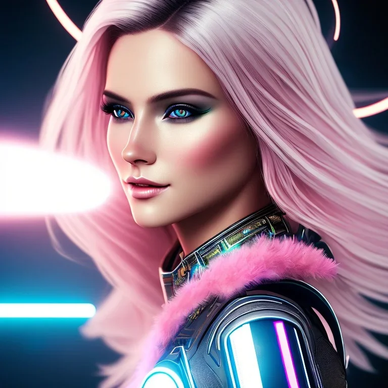 A beautiful portrait of a cute smiling cyberpunk woman with wings, long blond haire, high key lighting, volumetric light high details with white stripes and feathers and pink celtic paterns and luminous glasses in a starry background