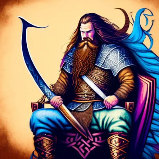 viking holger danske,long swirling beard and hair, his sword is golden, siting on his throne with wolfes on each side, alkohol ink, background swirley colorful with painted dragon on the wall, background colorful