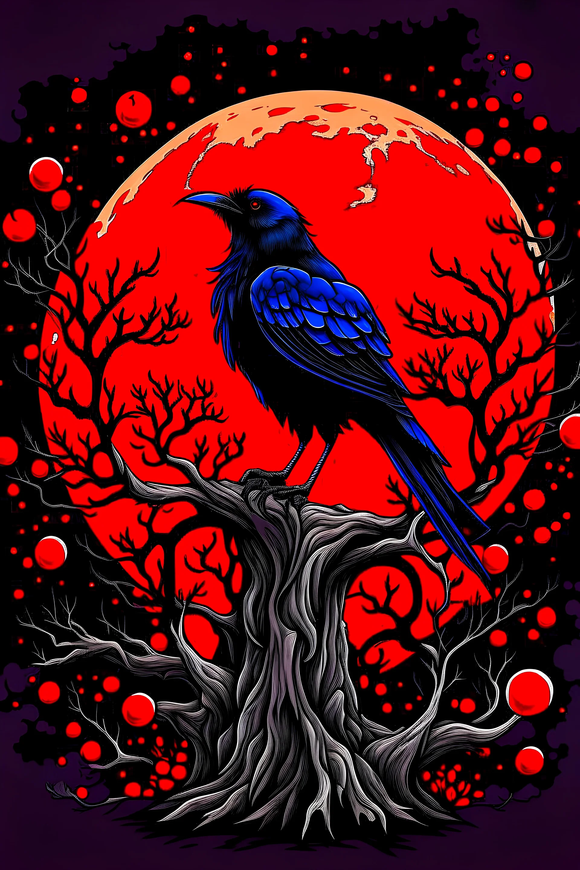 raven on a tree bunches makes heart behind red moon