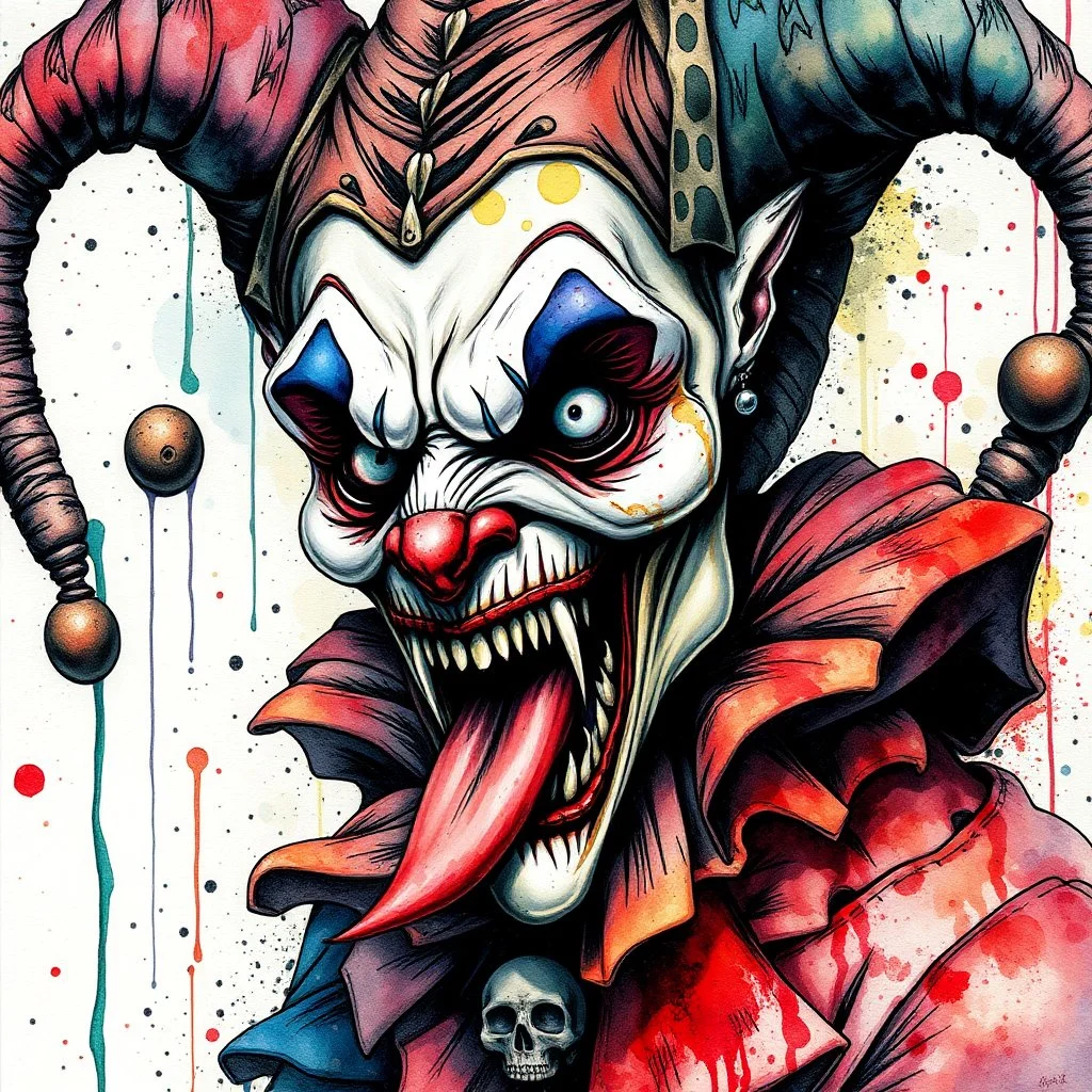 soft textured watercolor illustration of surreal leering sinister Jester :: Harlequin print, Masterpiece, Intricate, Insanely_Detailed, Art_by_Kim_Jung Gi, Carne Griffins, Ink Drip, Paint Splatter, Textured!!!!, abstract art, complementary colors, fine details