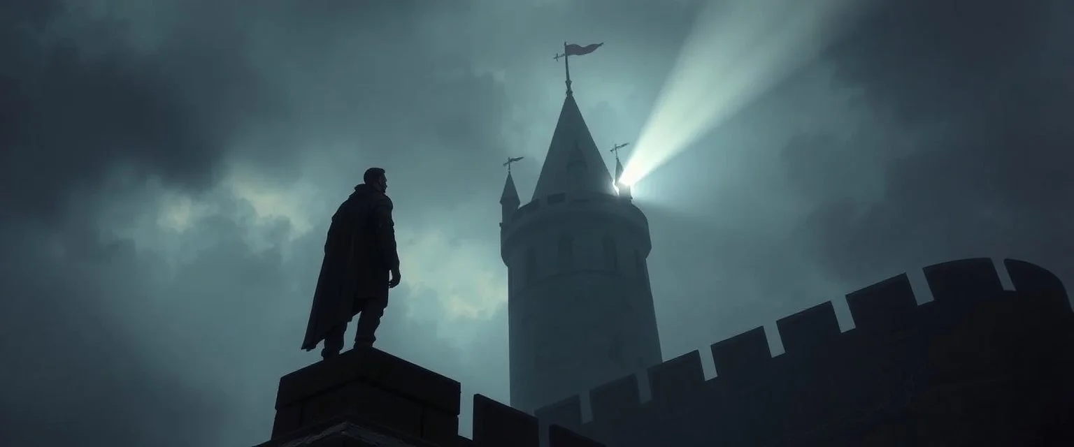 person looking down from top of castle tower, He’d turn the castle into a mood, not just a building Instead of a clean, detailed fortress, you’d likely get something emerging from shadow—half-hidden, dramatic, almost mysterious. Think less “tourist postcard,” more “something important just happened here.” Light would be the main character Rembrandt’s signature style—Chiaroscuro—would dominate. Maybe a single beam of light hitting a tower while the rest fades into darkness.