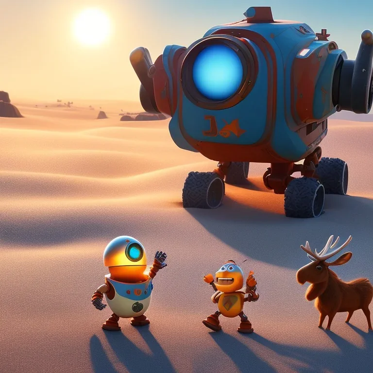 The robot and the moose on the beach happily making sandcastles in the sun, art by Pixar and Disney