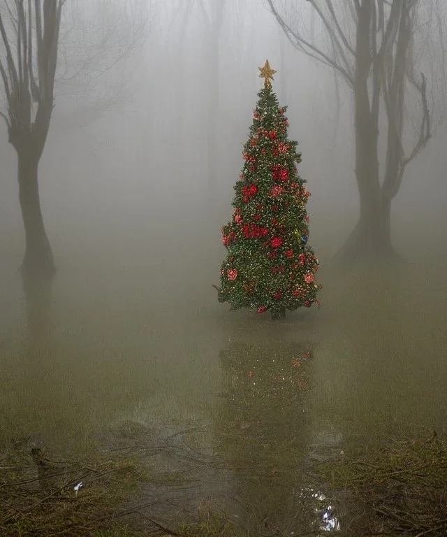 festive Christmas tree in a misty swamp