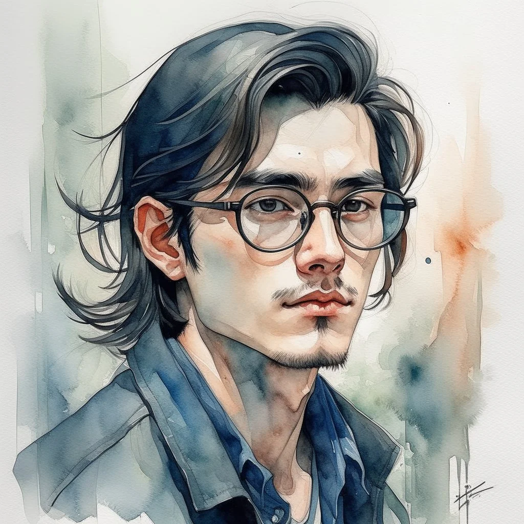 watercolour, large strokes, stylistic, portrait, illustration, dull colours, young, 20-something male, long black hair, brown eyes, has a certain aura of confidence,sharp facial features, slick angular glasses.