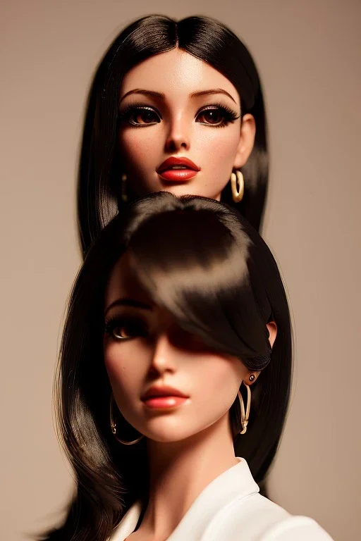 Young business woman, dark orange eyes, dark brown hair, elegant hair, thin lips, gold hoop earrings, waist up portrait, 8k resolution, intricate details, ornate details, soft lighting, vibrant colors, retroanime, masterpiece, realistic, intricate eyeliner, dark eyeshadow, eyes,futuristic cityscape background