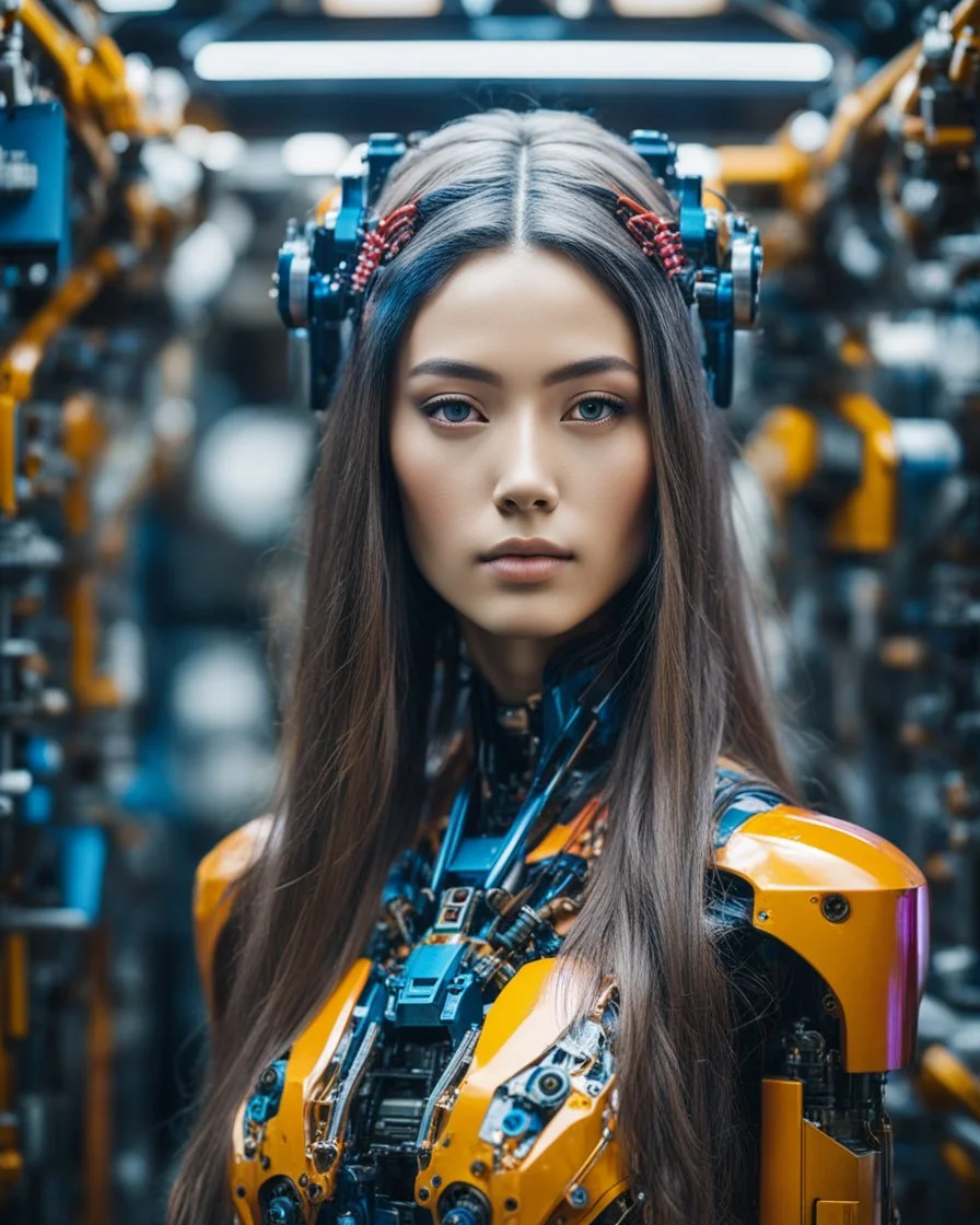 potrait photography cinematography colors a beautiful woman long hair humanoid robot in between two rows of complex machinery with vibrant colors