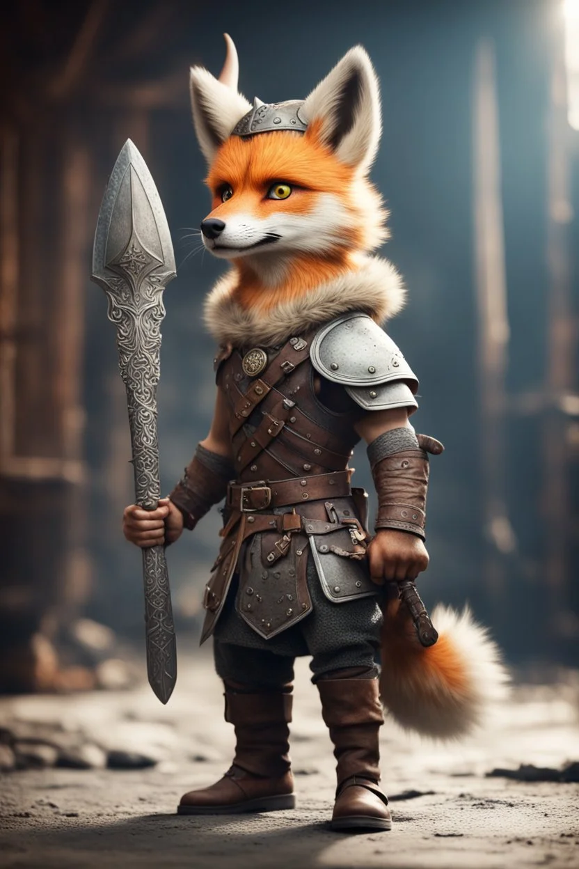 portrait of cute fast historic strong viking fox with horned viking helmet & boots holding ornate viking sword in fallout 4 setting, bokeh, downlight, prize winning, depth of field, in the style of ivo caprino