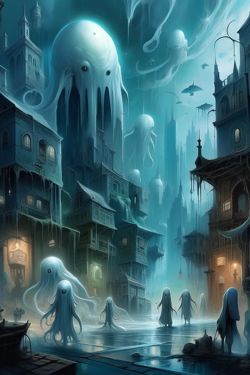 A captivating depiction in digital form, showcasing a plethora of extraordinary ghost creatures thriving within a surreal and lively ghosts realm. This imaginative artwork embodies the essence of science fiction, presenting a medium shot composition with fantastical beings that are unique, belonging to a world beyond our own. A modern city out of this world enhanced by atmospheric lighting, and breathtaking landscapes. Busch painting style nightmare
