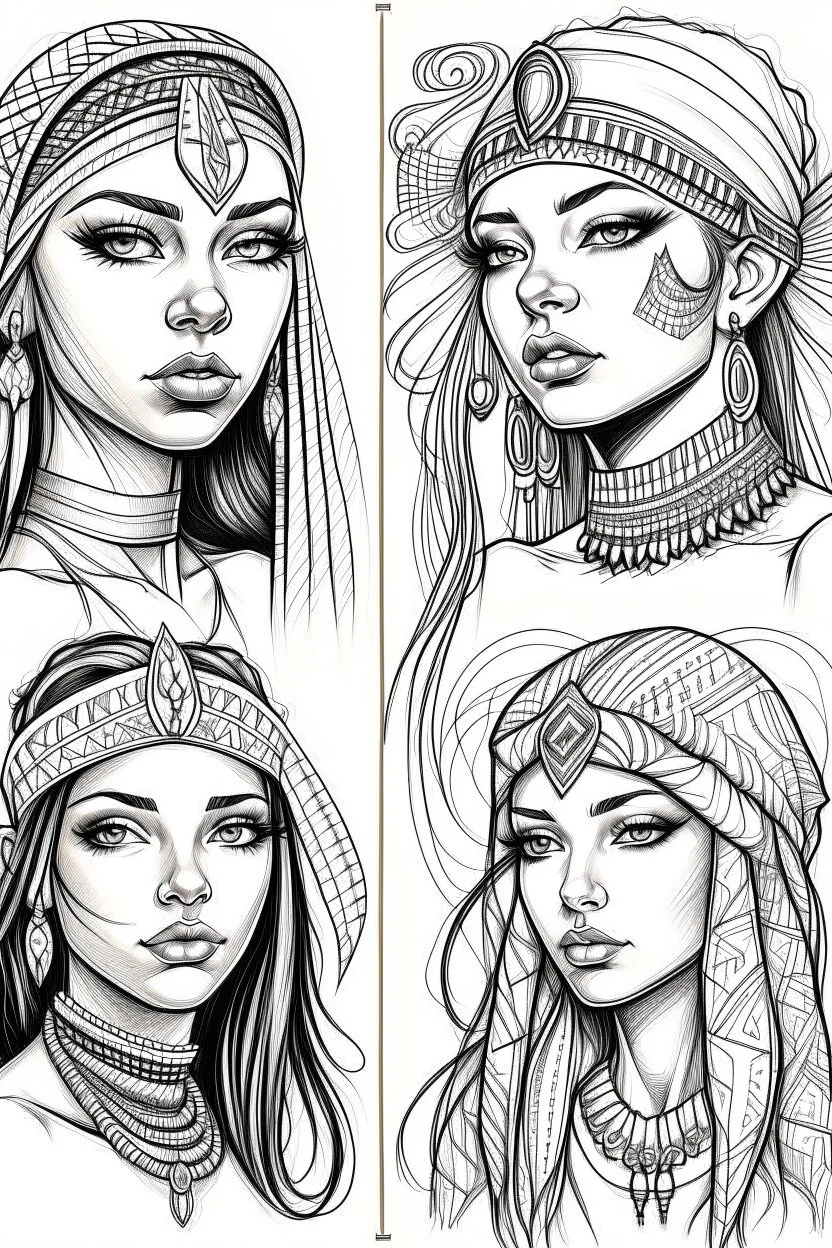 Sketches of drawing a beautiful girl with Egyptian features