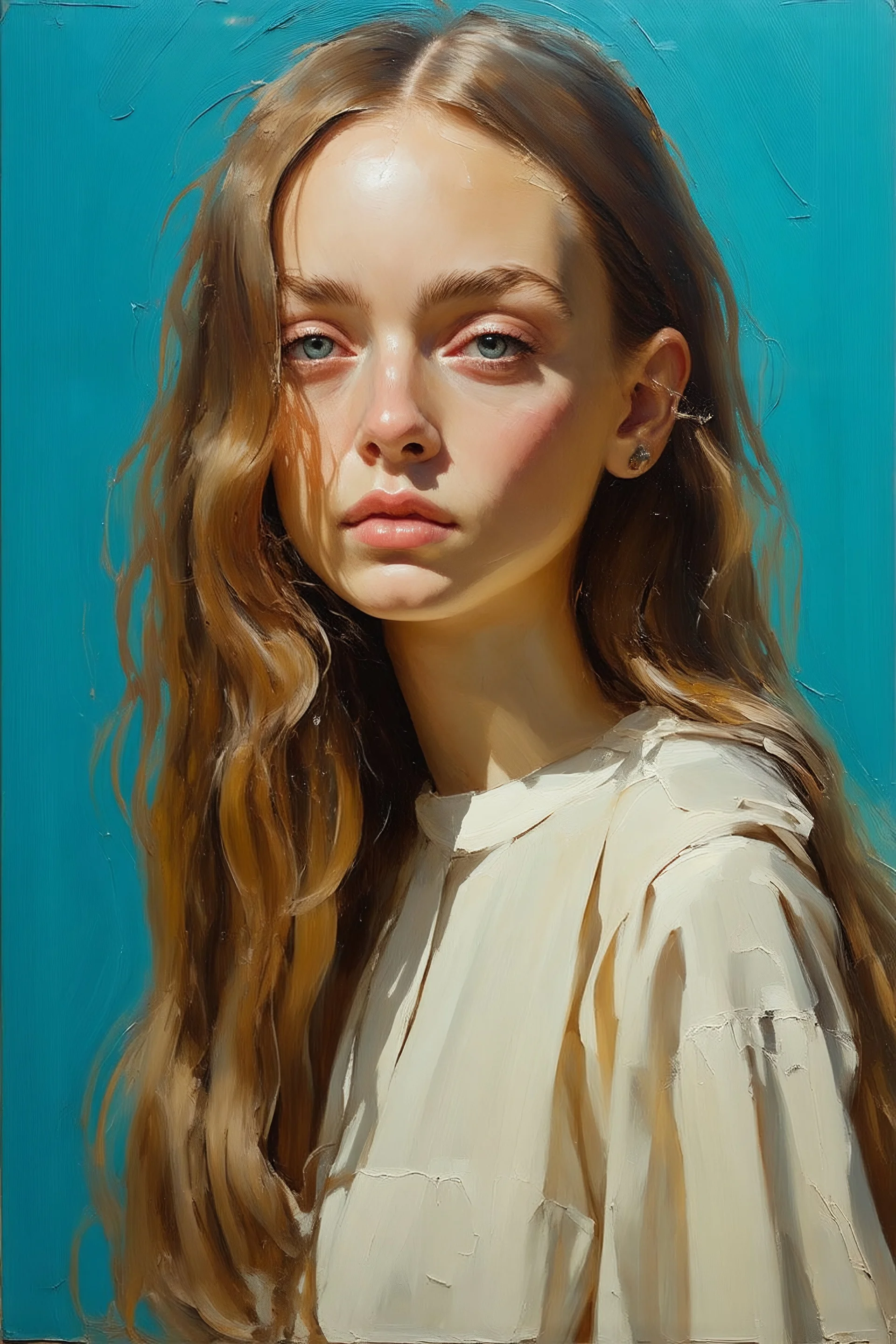 Lily-rose Depp, long hair, melancholy, the style of moebius, oil painting