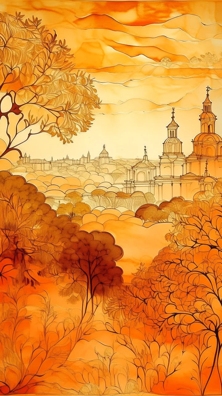A light rosy orange colored savanna near a city designed in Chinese paper art painted by Auguste Rodin