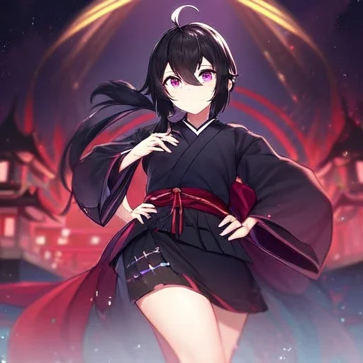 Clear focus, High resolution, Black hair, low small ponytail, purple dead eyes, japanese outfit, serious expression, one arm on hip, other hand free, purple red white and black outfit, skirt, slit in skirt, ahoge, (solo), hair between eyes