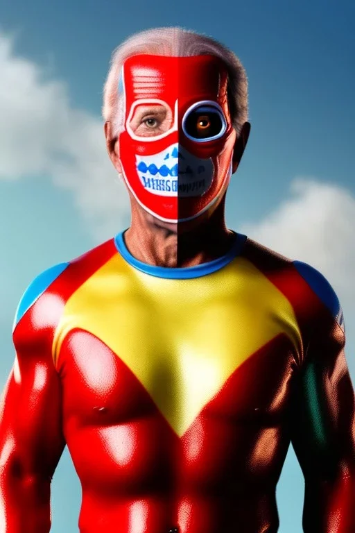 realistic image of joe biden as a mexican wrestling fighter posing, Mexican eyes wrestling mask, red and blue breeches, retro style, 80s, vibrant color, highly detailed, sky background, concept art, unreal engine 5, god rays, ray tracing, RTX, lumen lighting, ultra detail, volumetric lighting, 3d, finely drawn, high definition, high resolution.