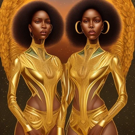 Female angelic African American Twins, black skin, tall and slender, long afro kinky hair,big brown eyes, long eyelashes warrior wear. Big butts. Gold accents on clothing. Surround by trees. Holding golden spears. Starry night