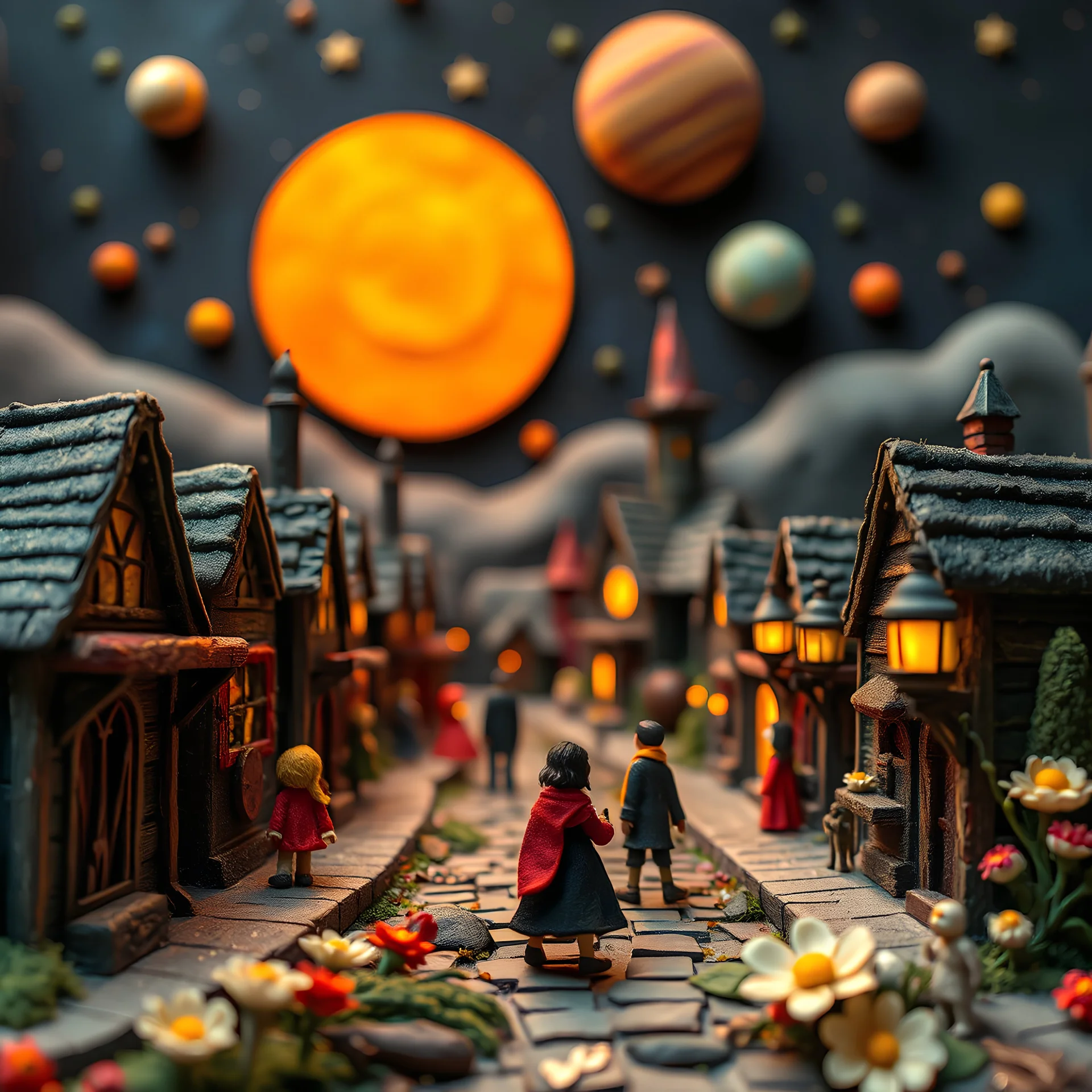 Detailed people, creepy street made of modeling clay and felt, village, stars, galaxy and planets, sun, volumetric light flowers, naïve, Tim Burton, strong texture, extreme detail, Yves Tanguy, decal, rich moody colors, sparkles, Harry Potter, bokeh, odd