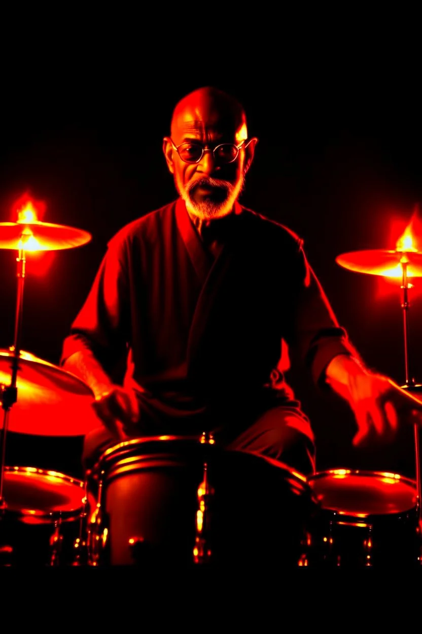 4K realistic, Gandhi playing drums in a metal band, black background, bright flames all around