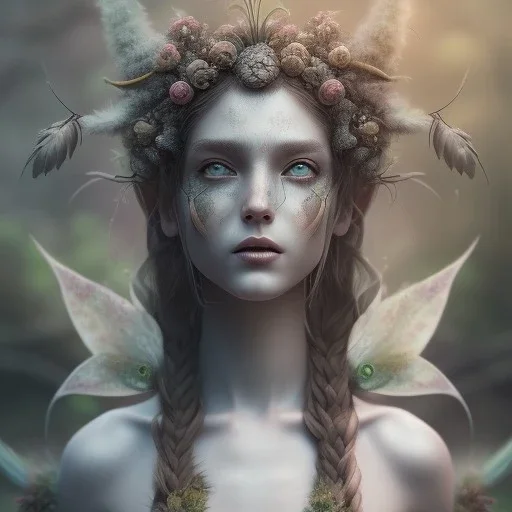 karlan, plant metal, feathers, Dryad, fae, sidhe, ominous, nature, plants, wildflower background, facepaint, dnd character portrait, intricate, oil on canvas, masterpiece, expert, insanely detailed, 4k resolution, retroanime style, cute big circular reflective eyes, cinematic smooth, intricate detail , soft smooth lighting, soft pastel colors, painted Renaissance style