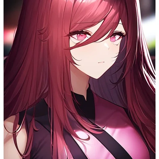 Clear focus,8k,Beatiful Lighting,Beatiful Blur,Beatiful Face,Beatiful Shading,Crimson long hair,silky hair, long silky bangs, pink eyes, wearing a detailed outfit outfit,must wear a short black skirt, Hair in eyes, lot of hair,One arm is sleeveless,Extreme Close Up