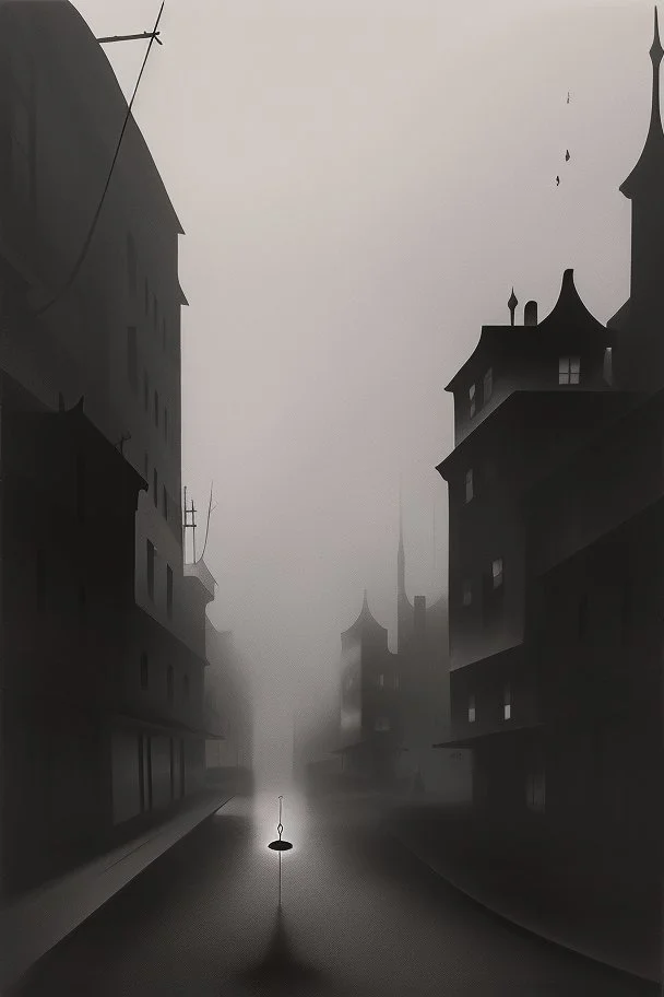 Dark street night figure fog odd Yves Tanguy spooky