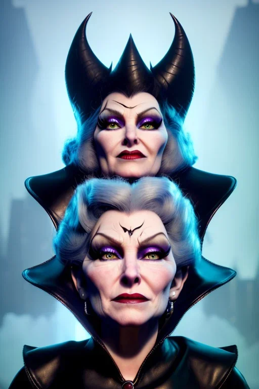 Mae West as evil queen in black leather, leather, busty, cleavage, angry, stern look. character design by cory loftis, fenghua zhong, ryohei hase, ismail inceoglu and ruan jia. unreal engine 5, artistic lighting, highly detailed, photorealistic, fantasy