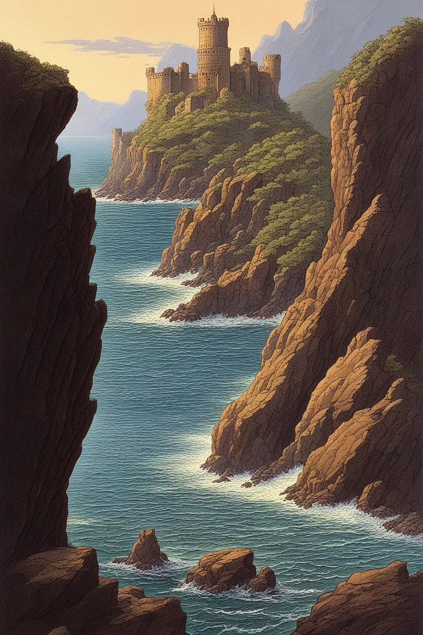 a rocky coast. A long isthmus juts out into the sea. the isthmus slopes upwards. on top of the isthmus there is a large fortress. dramatic. style of Michael Whelan.