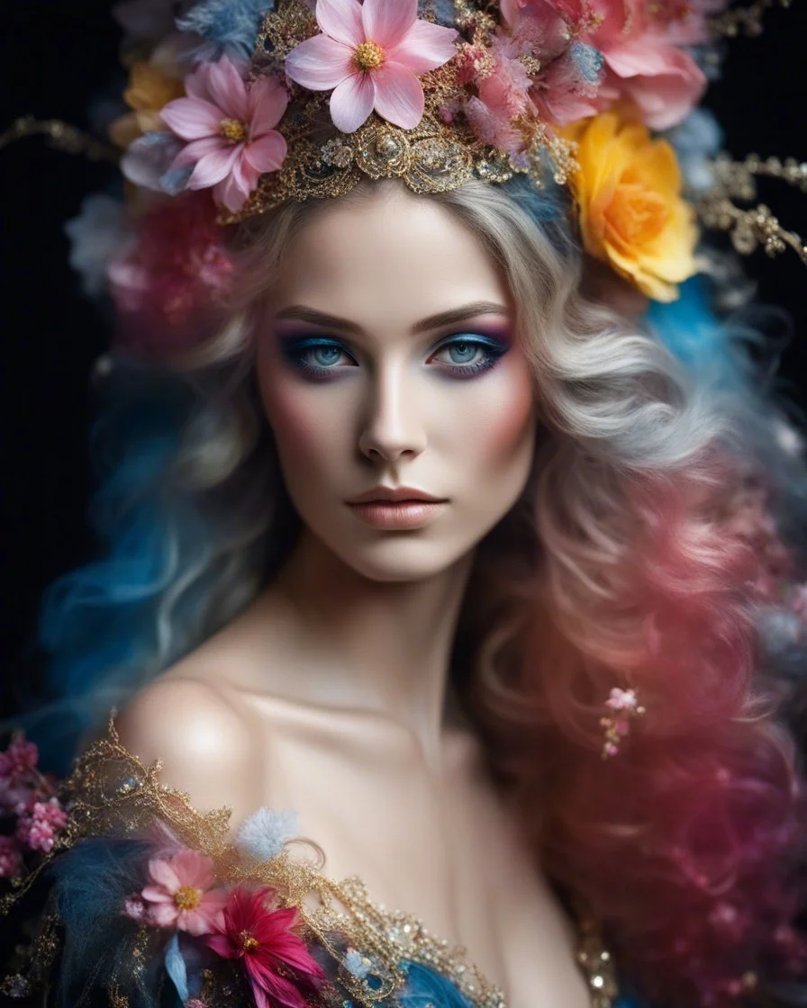 Gorgeous Realistic Photography Camera Lens soft blur Pretty European Supermodel as Beautiful Fairytale, a stunning beautiful woman adorned in vibrant carnival attire, ethereal beauty, black background, with swirling colors and fantastical tiny flowers, enchantment and grace, twisted vines, whimsical, surreal landscapes, emotive style, dreamlike quality, and magical realism, carnival red, ethereal pink, whimsical blue, vibrant green, celestial purple, golden amber, and shimmering silver