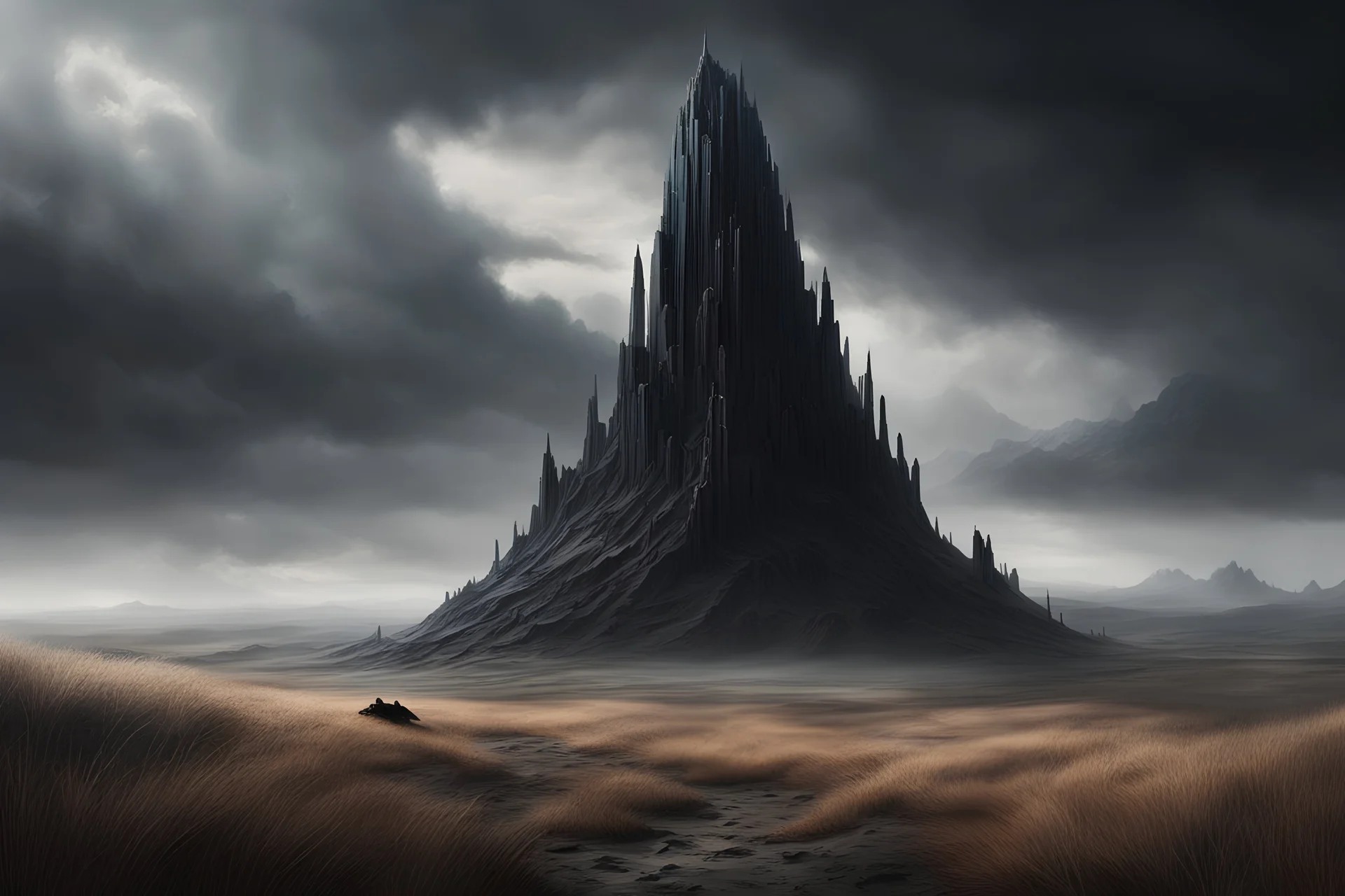 A hyper-realistic fantasy scene depicts a massive obsidian tower standing tall on a large hill. The tower's peak vanishes into the clouds, while the surrounding land is covered with dried grass, creating a gloomy and dark atmosphere.
